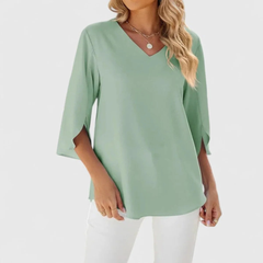 Women’s Ruffle V-Neck Blouse – Relaxed Three-Quarter Sleeve Top for Office and Occasion Wear