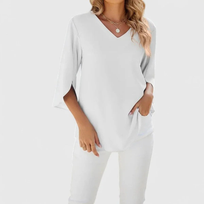 Women’s Ruffle V-Neck Blouse – Relaxed Three-Quarter Sleeve Top for Office and Occasion Wear