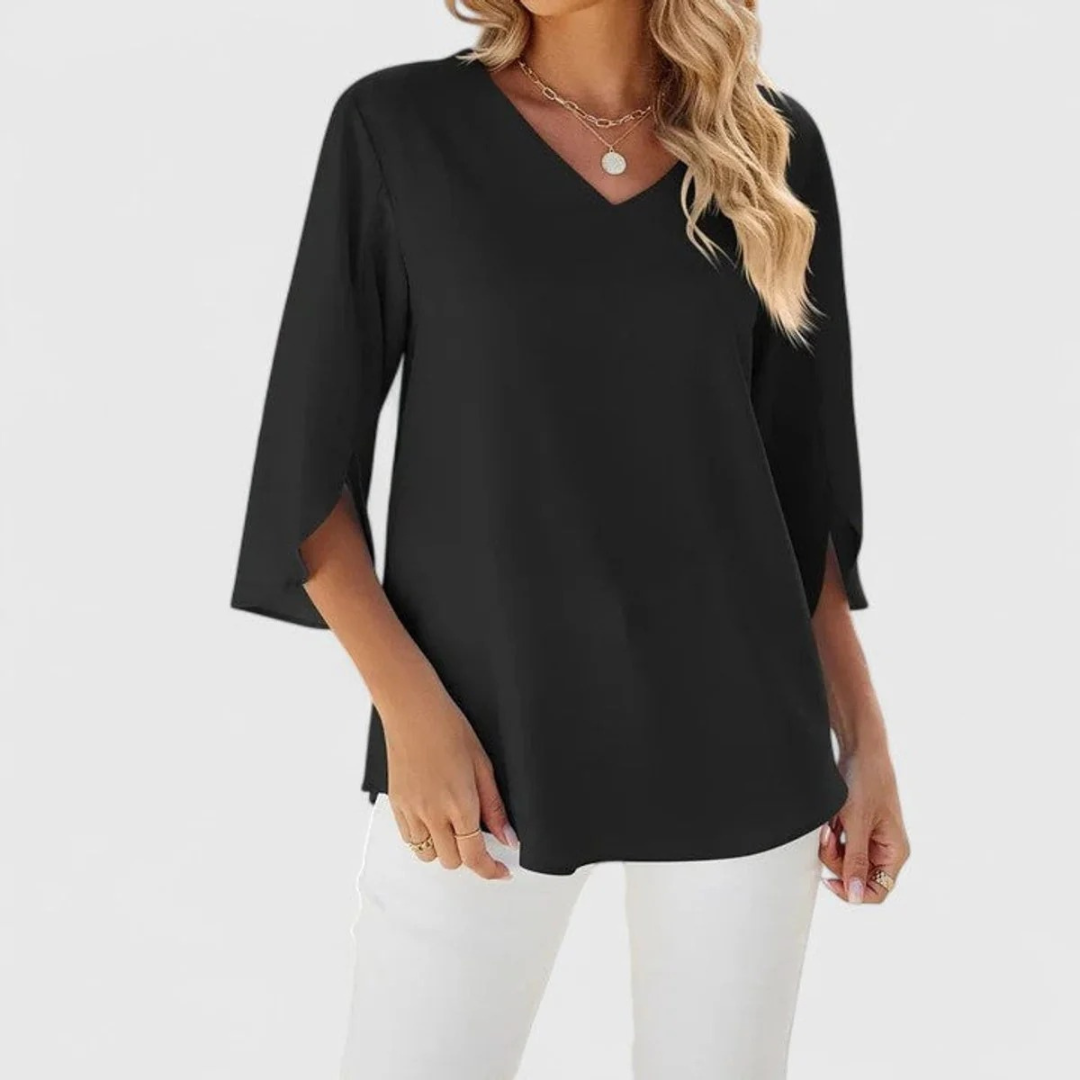 Women’s Ruffle V-Neck Blouse – Relaxed Three-Quarter Sleeve Top for Office and Occasion Wear
