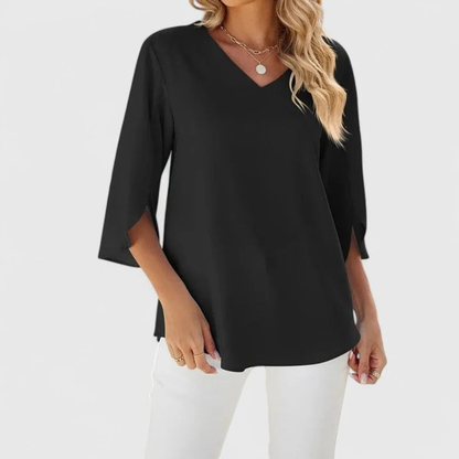 Women’s Ruffle V-Neck Blouse – Relaxed Three-Quarter Sleeve Top for Office and Occasion Wear