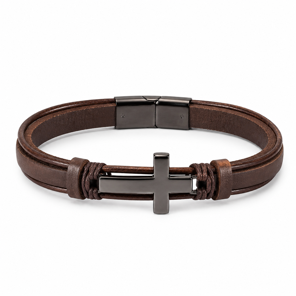Men's brown cowhide cross bracelet on white