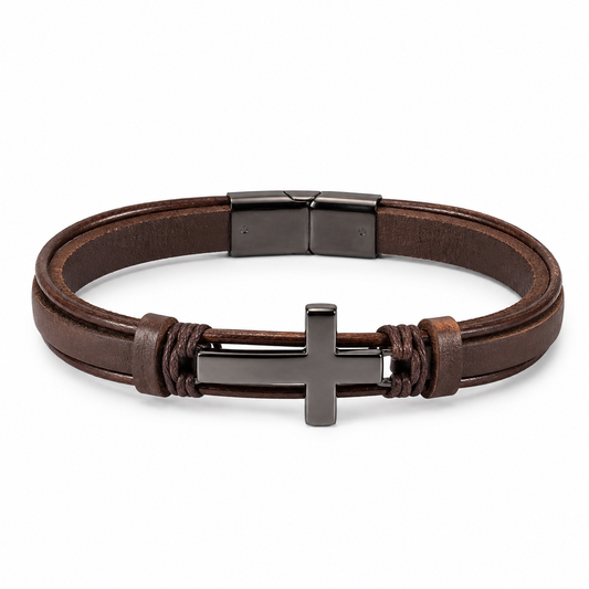 Men's brown cowhide cross bracelet on white