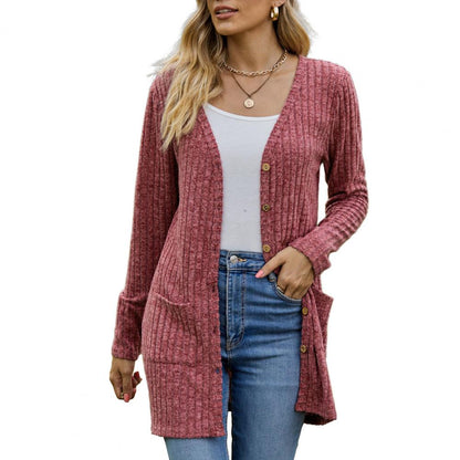 Women’s Open Cardigan – Ribbed Knit with Patch Pockets