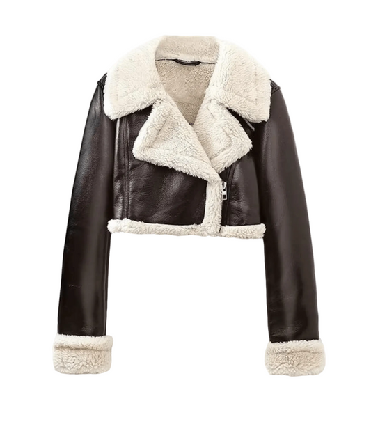 Women’s Faux-Leather Shearling Biker Jacket – Cropped Warm Aviator Layer for Winter Styling