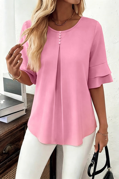 Women’s Ruffle Blouse – Flared Sleeves with Full Button Placket
