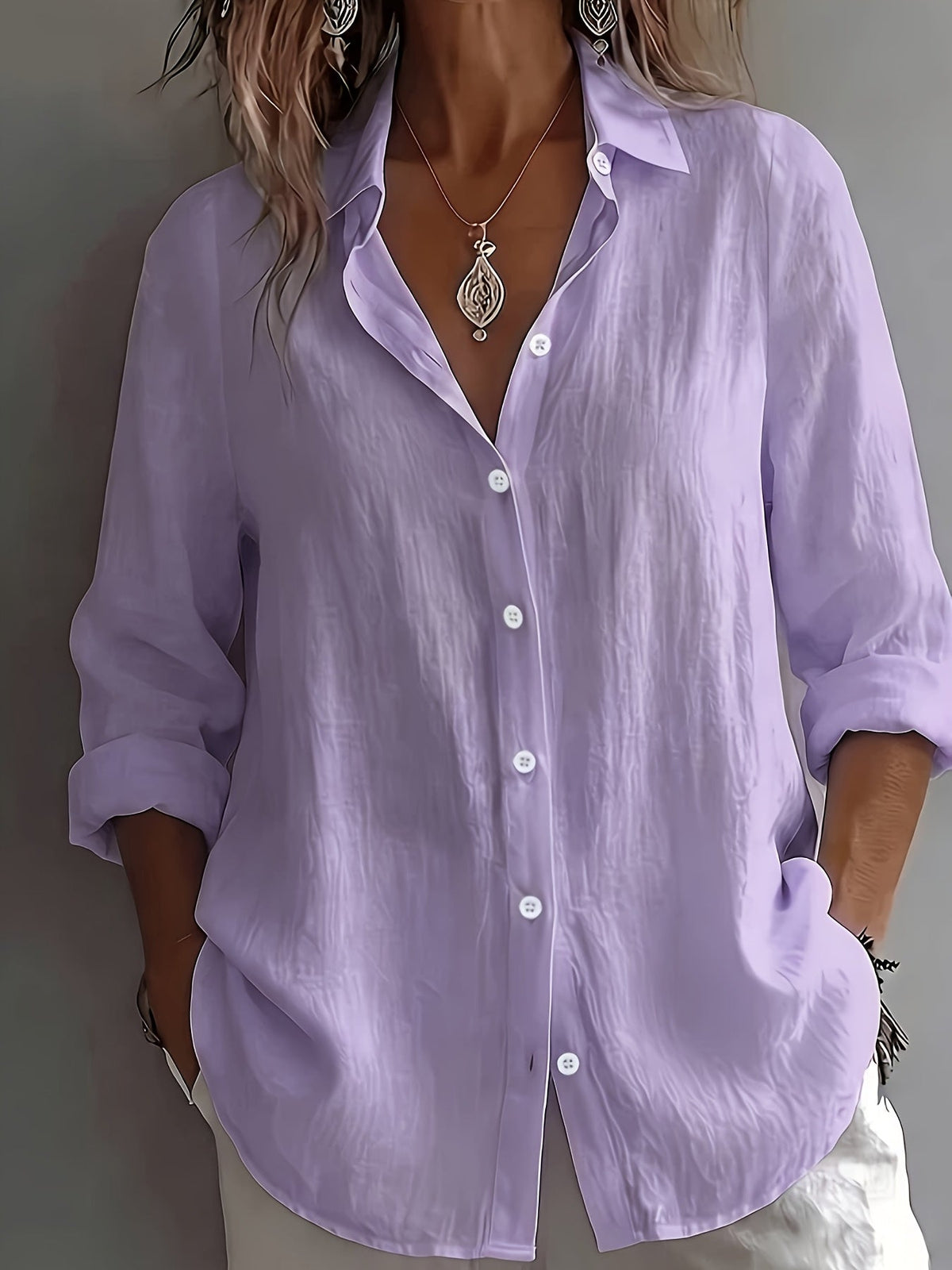 Women’s Shirt Blouse – Relaxed Button-Down Shirt with Roll-Up Sleeves