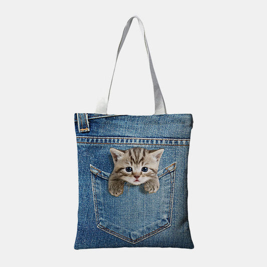 Women’s Canvas Tote Bag – Large-Capacity Shoulder Carryall with Playful Pet Pocket Print