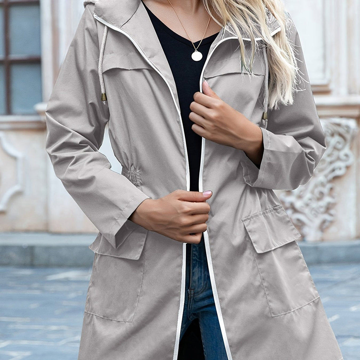 Women’s Lightweight Hooded Parka Jacket – Relaxed Drawstring Layer for Cooler Seasons