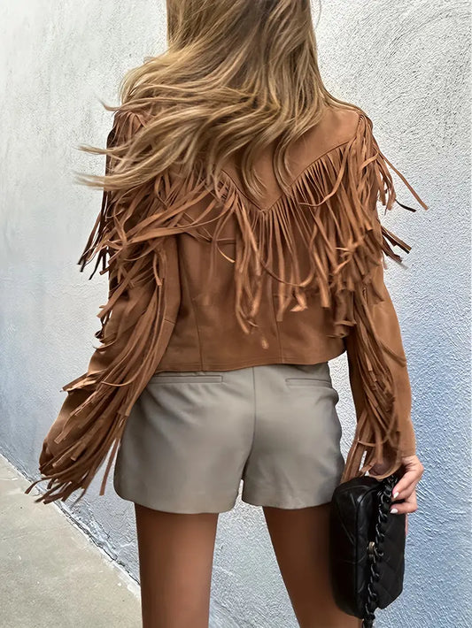 Women’s Brown Cropped Jacket – Fringed Sleeves and Hem