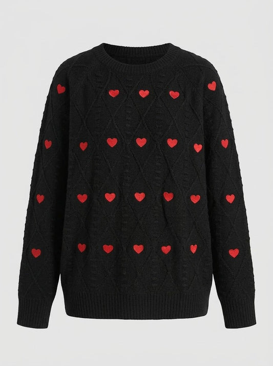 Women’s Heart Pattern Cable-Knit Sweater – Relaxed Crew-Neck Pullover for Cosy Seasonal Styling