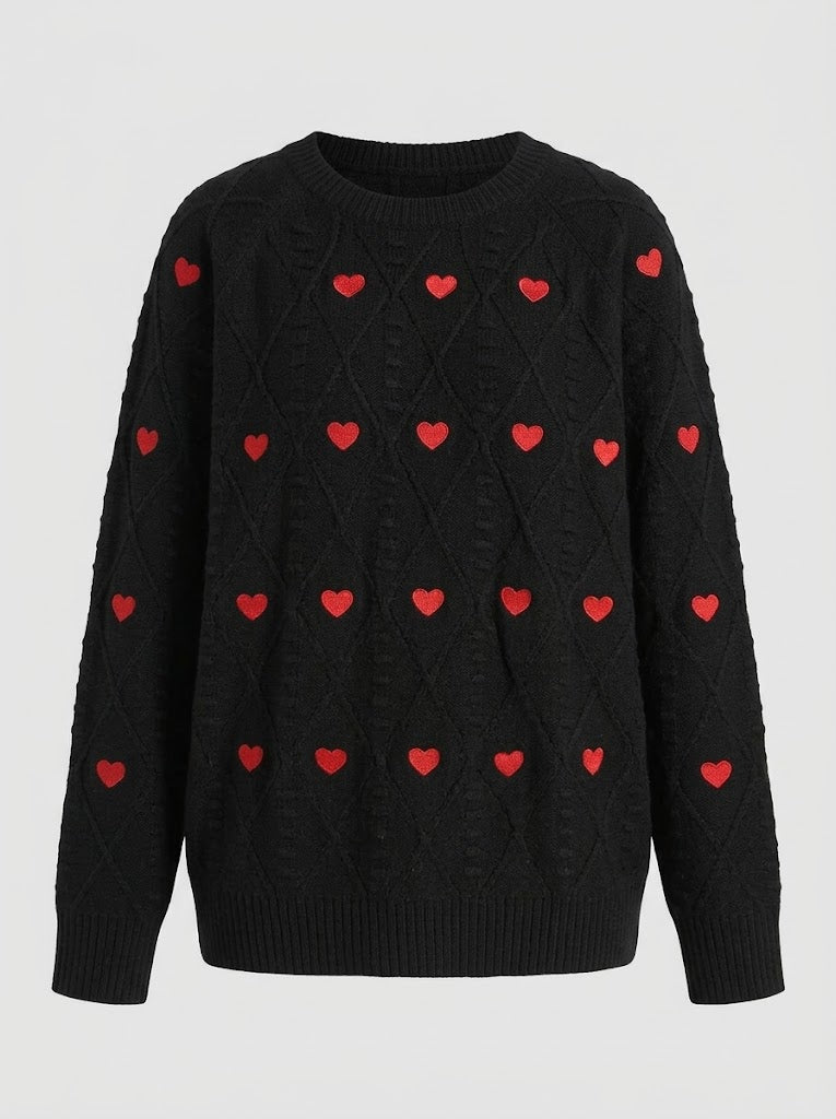 Women’s Heart Pattern Cable-Knit Sweater – Relaxed Crew-Neck Pullover for Cosy Seasonal Styling