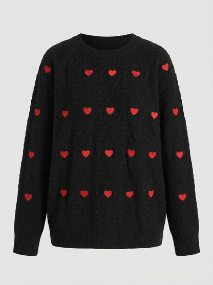 Women’s Heart Pattern Cable-Knit Sweater – Relaxed Crew-Neck Pullover for Cosy Seasonal Styling