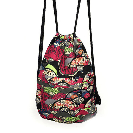 Women’s Printed Canvas Drawstring Backpack – Bohemian Pattern Bag with Rope Shoulder Straps