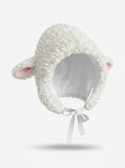 Women’s Plush Sheep Hood – Fluffy Animal-Ear Bonnet with Adjustable Tie Fastening