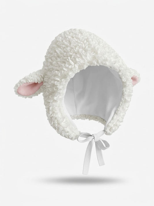 Women’s Plush Sheep Hood – Fluffy Animal-Ear Bonnet with Adjustable Tie Fastening