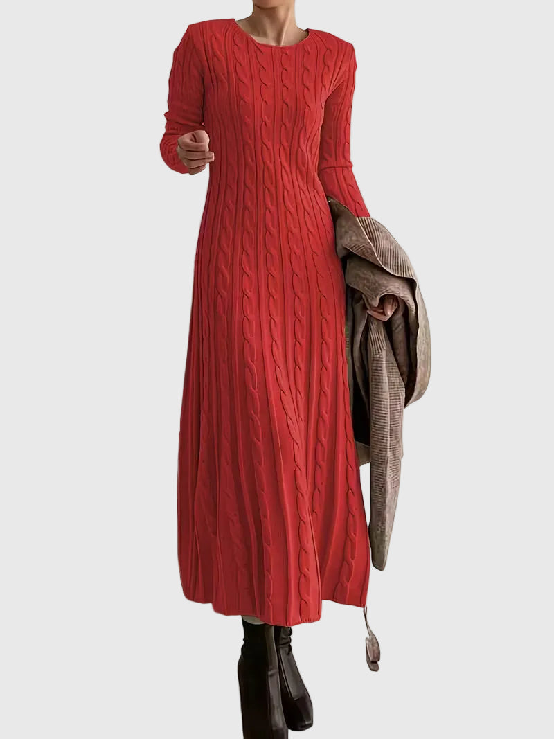 Women’s Knitted Maxi Dress – Cable-Knit Dress with Flared Hem