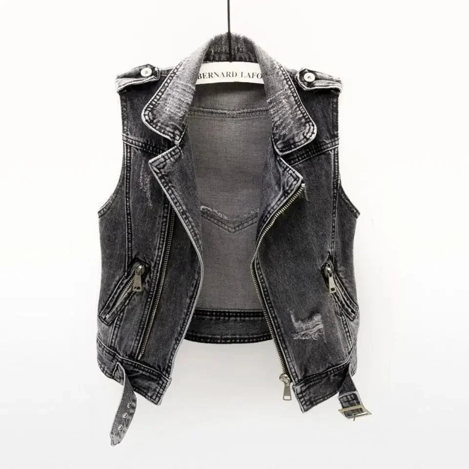 Men’s Cotton Denim Biker Vest – Distressed Sleeveless Layer with Asymmetric Zip and Adjustable Belt