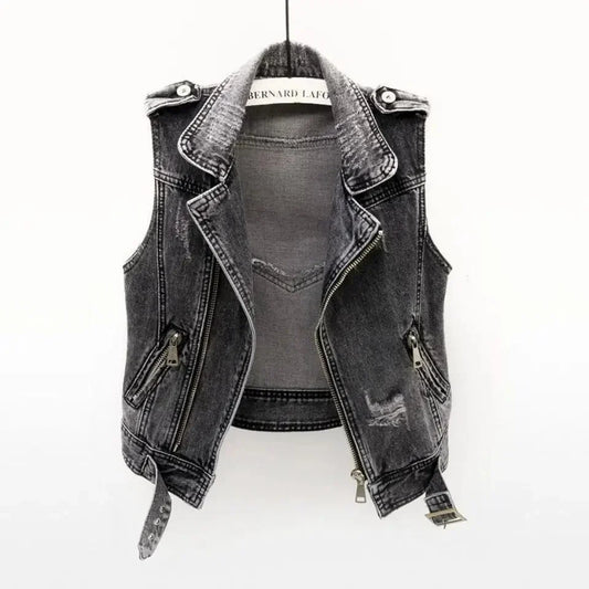 Men’s Cotton Denim Biker Vest – Distressed Sleeveless Layer with Asymmetric Zip and Adjustable Belt