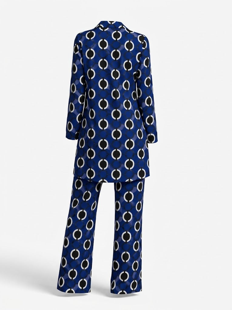 Women’s Printed Trouser Co-Ord Set – Relaxed Longline Button-Up Blouse with Elasticated Wide-Leg Trousers for Holidays and Weekend Wear