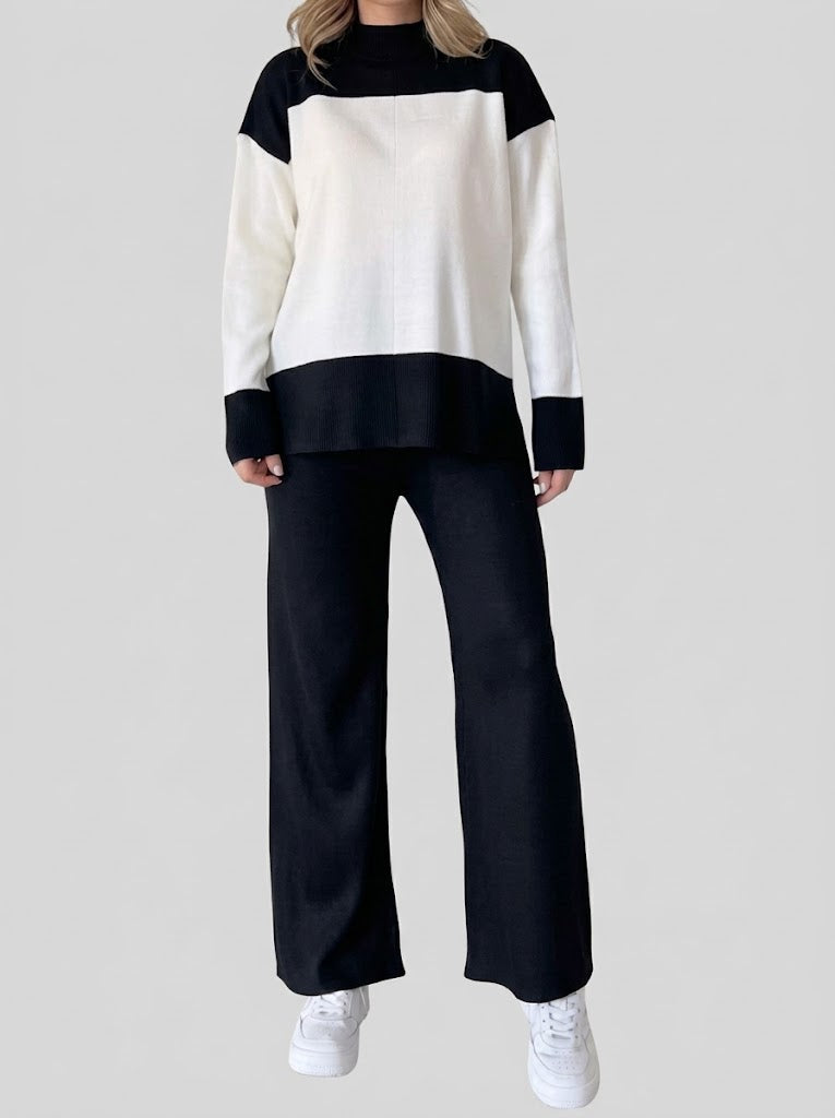 Women’s Colour-Block Knit Co-Ord Set – High-Neck Long-Sleeve Top with Wide-Leg Trousers for Casual Wear