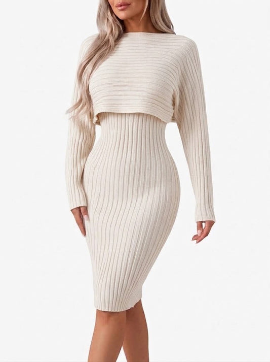 Women’s Ribbed Midi Skirt Co-Ord Set – Cropped Relaxed Long-Sleeve Top with Fitted Skirt for Work and City Wear