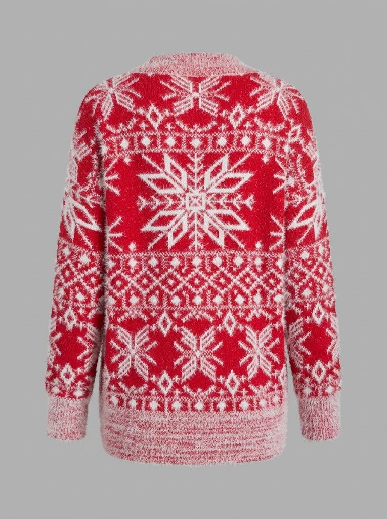 Women’s Nordic Snowflake Knit Sweater – Festive Crew-Neck Pullover for Winter Days