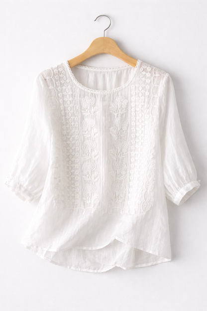 Women’s Blouse – Pintucked Round-Neck Blouse with Elasticated Cuffs