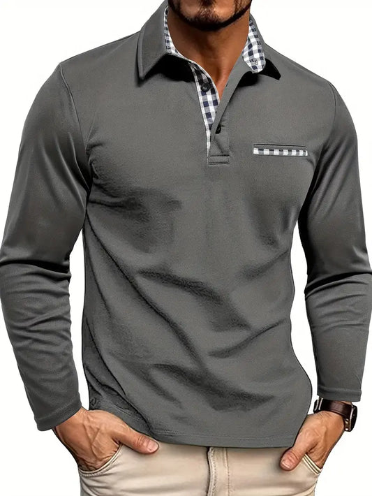 Men’s Long-Sleeve Polo Shirt – Checked Contrast Collar with Piped Chest Pocket
