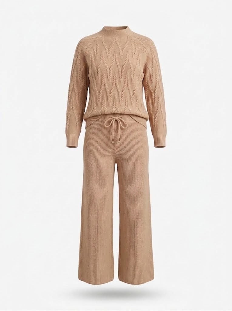 Women’s Cable-Knit Trouser Co-Ord Set – Soft Long-Sleeve Sweater with Wide-Leg Drawstring Trousers for Cosy Everyday Wear