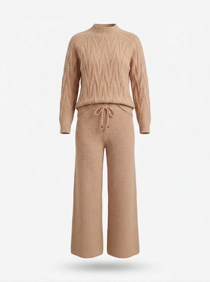 Women’s Cable-Knit Trouser Co-Ord Set – Soft Long-Sleeve Sweater with Wide-Leg Drawstring Trousers for Cosy Everyday Wear