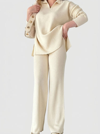 Women’s Ribbed Knit Co-Ord Set – Relaxed V-Neck Tunic Top with Wide-Leg Trousers for Everyday Lounge Wear