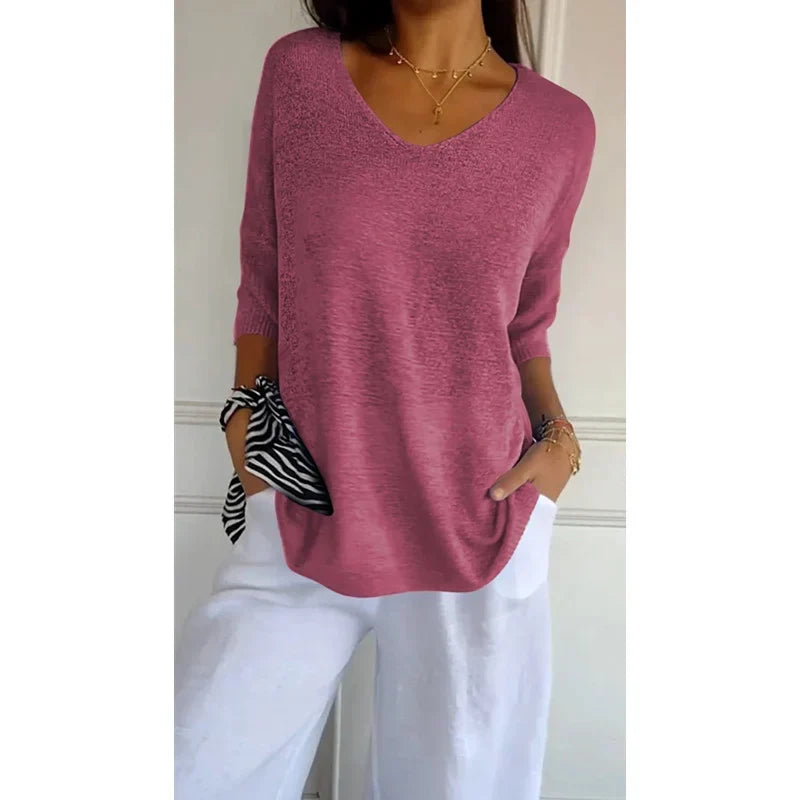 Women’s Relaxed V-Neck Knit Top – Lightweight Longline Layer for Everyday Styling