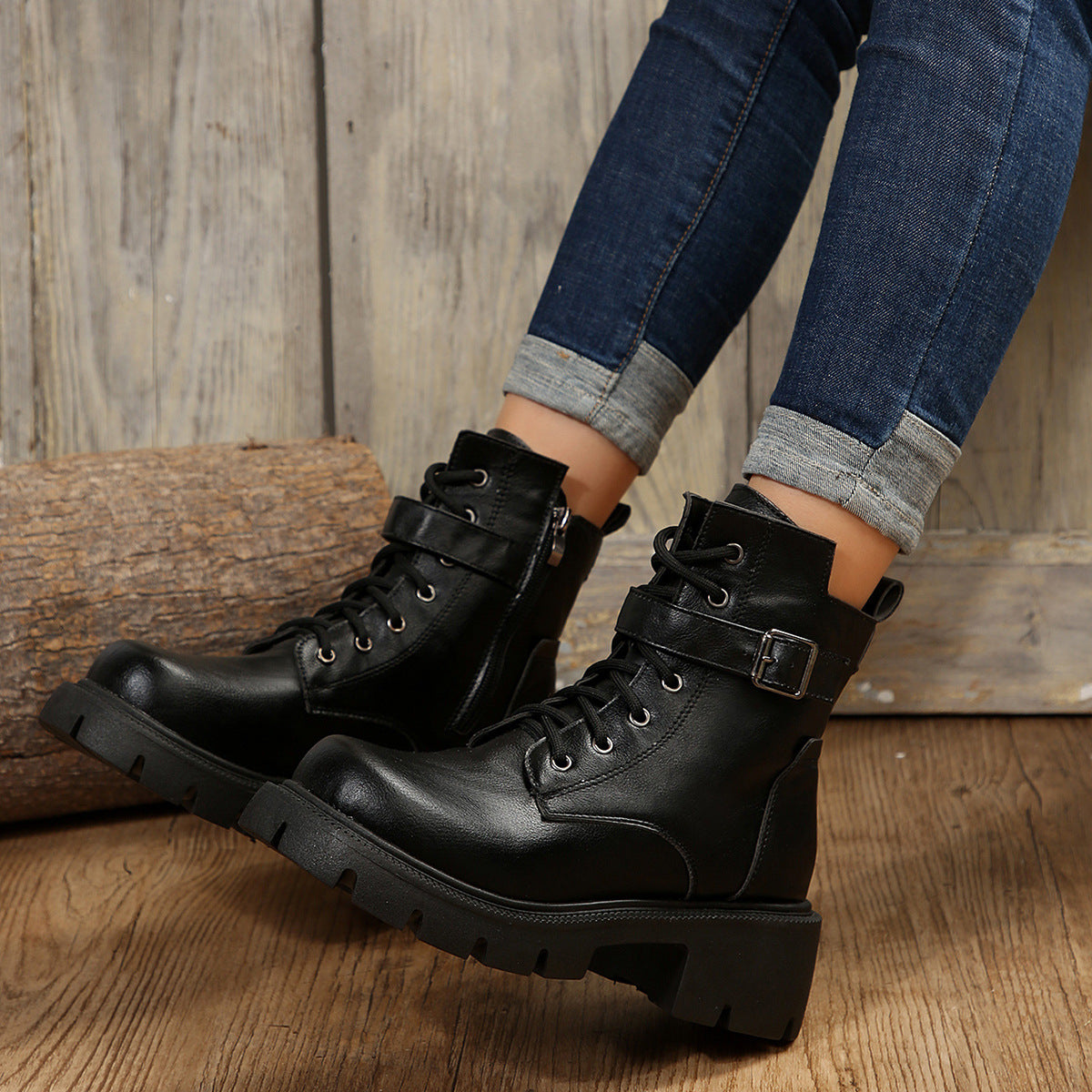 Women's Side Zip Buckle Round-Toe Chunky Chelsea Boots