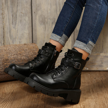 Women's Side Zip Buckle Round-Toe Chunky Chelsea Boots