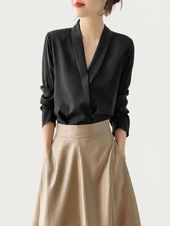 Women’s Satin V-Neck Blouse – Elegant Long-Sleeve Style for Office and Evening Wear