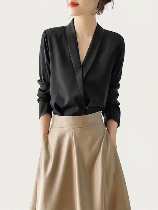 Women’s Satin V-Neck Blouse – Elegant Long-Sleeve Style for Office and Evening Wear