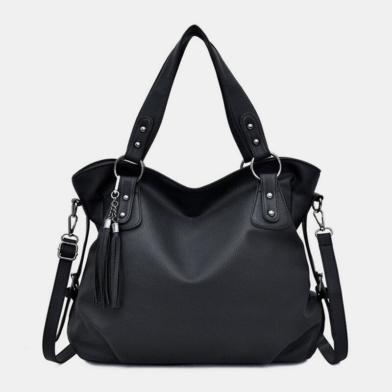 Women’s Tassel-Detail PU-Leather Tote Bag – Spacious Shoulder Handbag with Crossbody Carrying Option