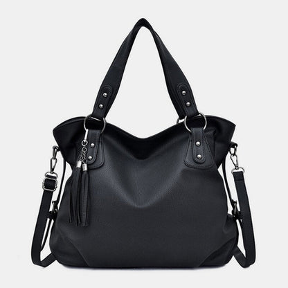 Women’s Tassel-Detail PU-Leather Tote Bag – Spacious Shoulder Handbag with Crossbody Carrying Option
