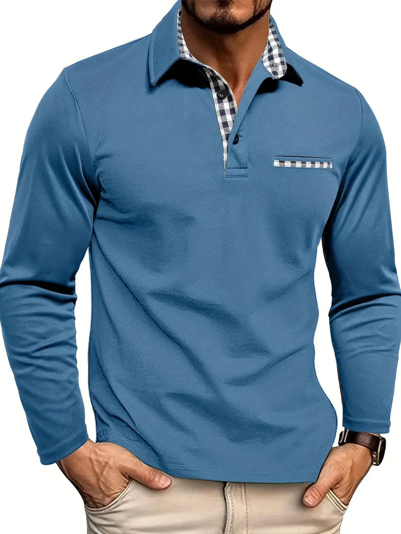 Men’s Long-Sleeve Polo Shirt – Checked Contrast Collar with Piped Chest Pocket