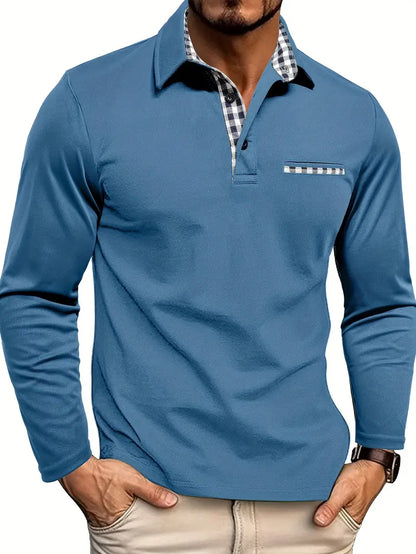Men’s Long-Sleeve Polo Shirt – Checked Contrast Collar with Piped Chest Pocket