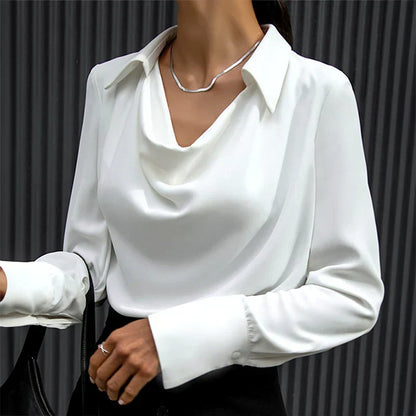 Women’s Elegant Satin Blouse – Shirt Collar with Draped Neckline