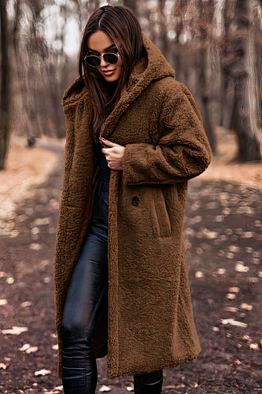 Women’s Hooded Teddy Coat – Soft Fleece with Patch Side Pockets