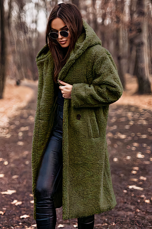 Women’s Hooded Teddy Coat – Soft Fleece with Patch Side Pockets