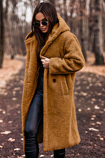 Women’s Hooded Teddy Coat – Soft Fleece with Patch Side Pockets