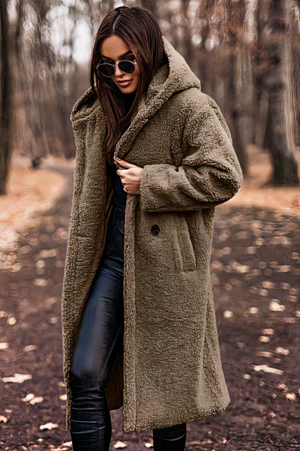 Women’s Hooded Teddy Coat – Soft Fleece with Patch Side Pockets