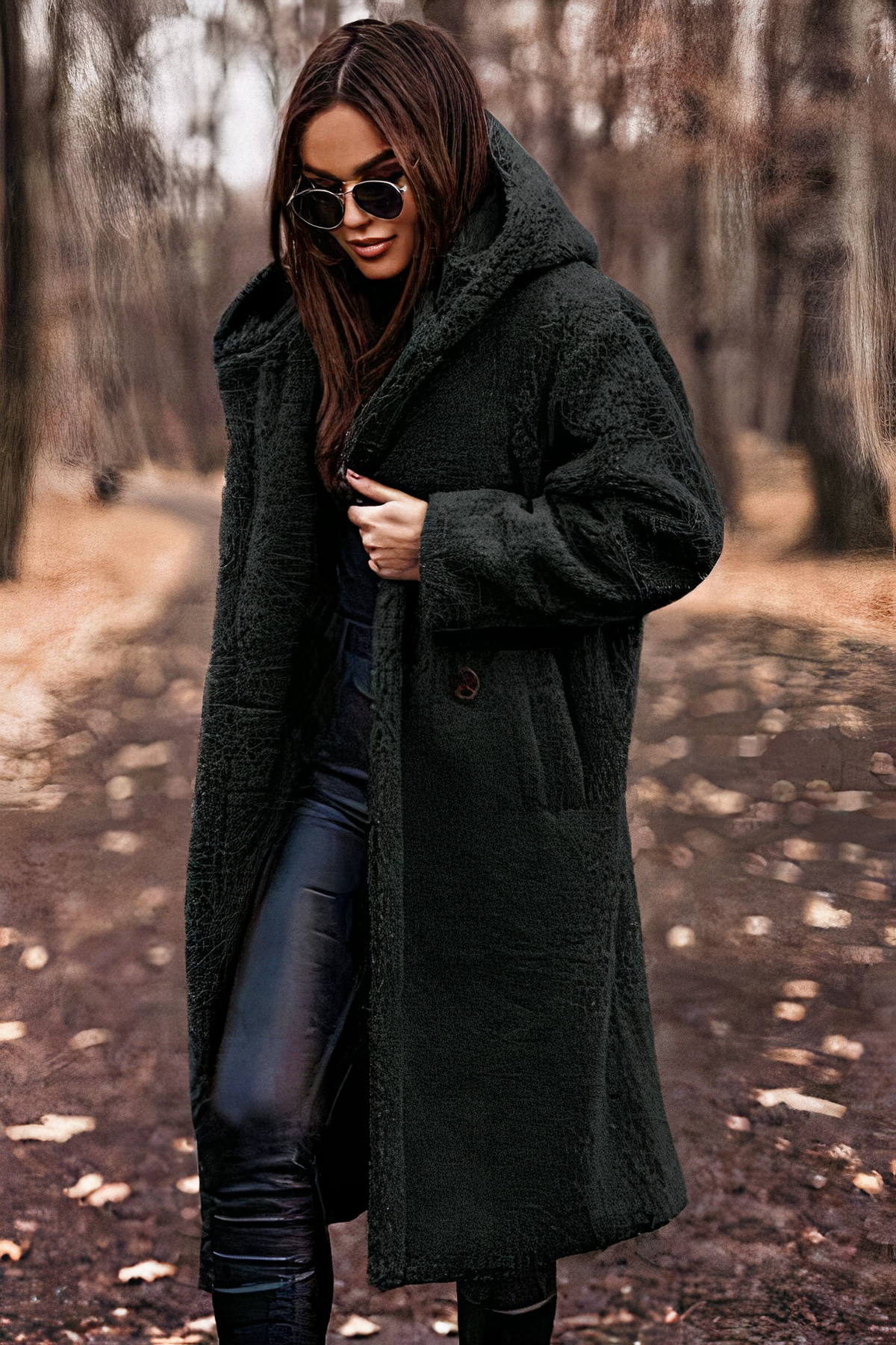 Women’s Hooded Teddy Coat – Soft Fleece with Patch Side Pockets