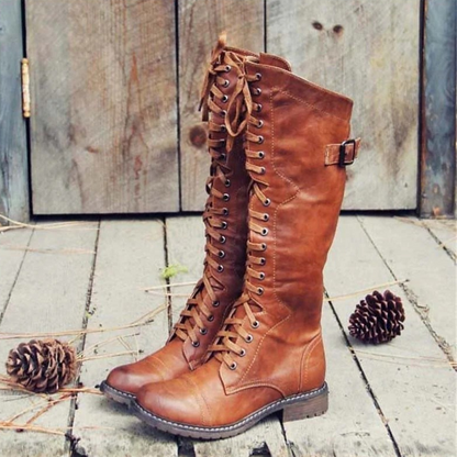 Women’s Knee-High Boots – Full Lace-Up with Low Block Heel