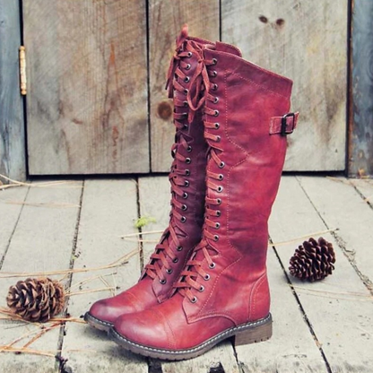 Women’s Knee-High Boots – Full Lace-Up with Low Block Heel