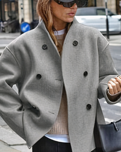 Women’s Short Coat – Double-Breasted Front with Stand Collar