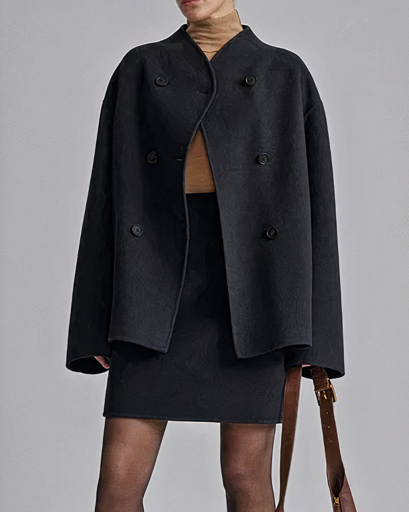 Women’s Short Coat – Double-Breasted Front with Stand Collar
